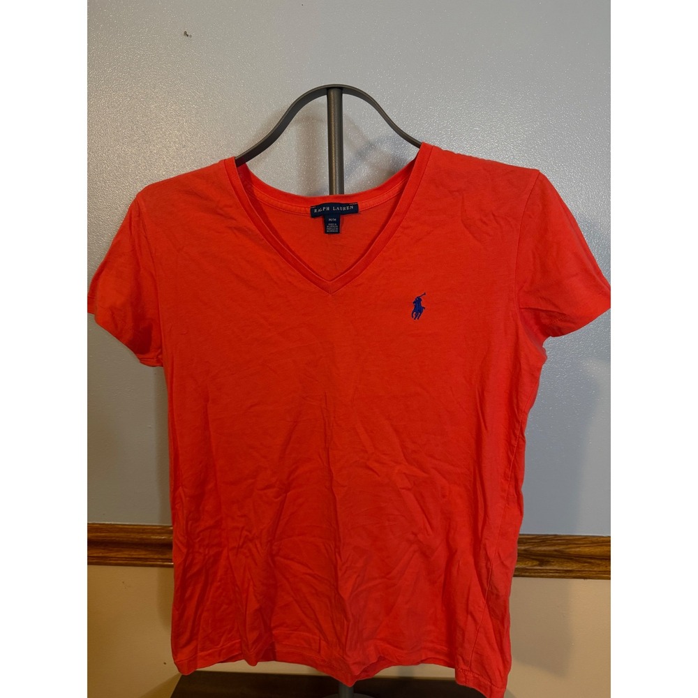Ralph Lauren Womens Orange V-Neck Short Sleeve Cotton Pony Logo T-Shirt Size M
